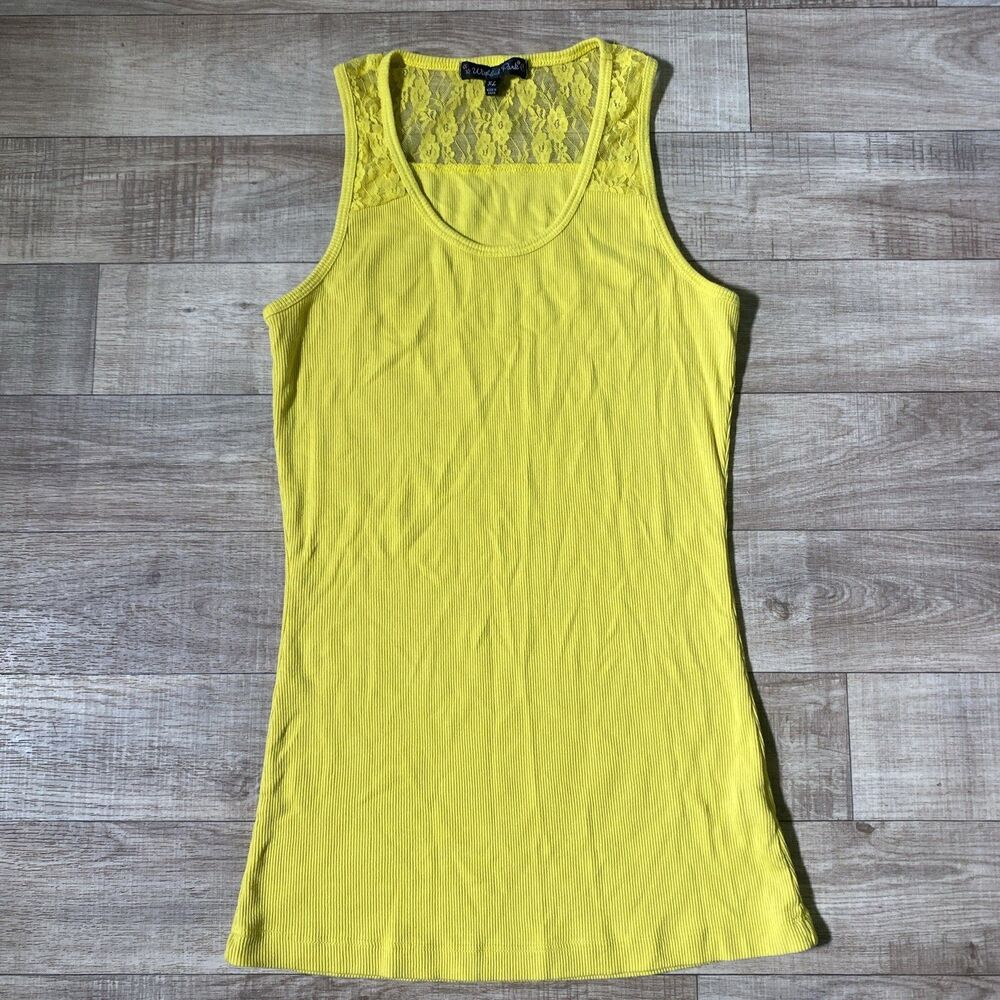 Wishful Park Yellow Ribbed Tank Top XL Y2K Layering Chic Lace